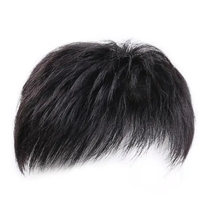 Nouvelle perruque synthétique noire courte et lisse pour homme avec frange, aspect naturel, pour cou