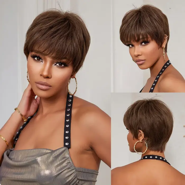 Perruque Lace Front Wig 100% naturelle Remy, cheveux courts, coupe Pixie, blond ombré et brun, avec