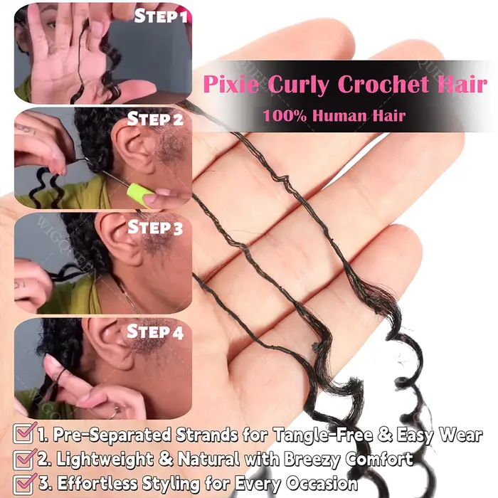 Plume Crochet cheveux humains 4/27 mettre en évidence Pixie Curl Extensions de cheveux en vrac léger