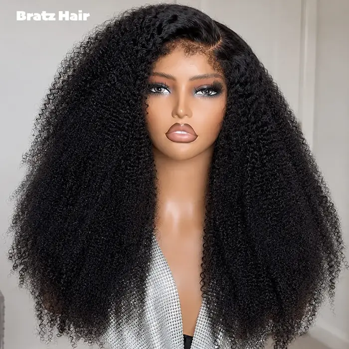 Perruque Afro Bouclée Naturelle Noire 20 Pouces Super Double Drawn avec Fermeture 5x5