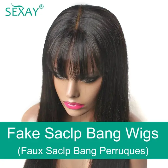 Sexay cuir chevelu Bang perruque de cheveux humains brut indien droit cheveux humains frange perruqu