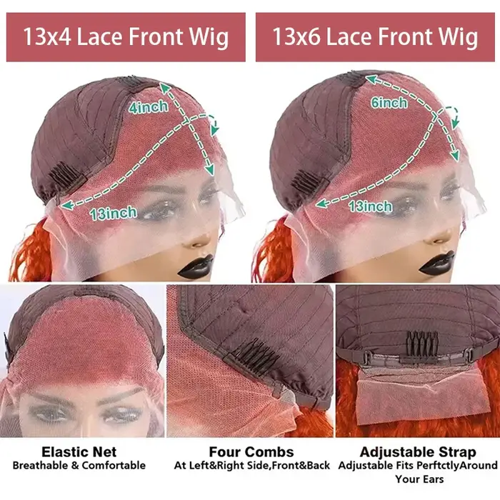 Perruque Lace Front Wig 350 naturelle brésilienne, cheveux humains, Deep Curly, couleur orange, 13x4