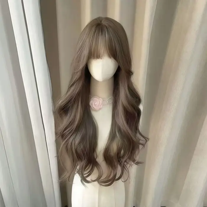 Perruque synthétique résistante à la chaleur, cheveux bouclés noir-brun avec frange, adaptée à un us