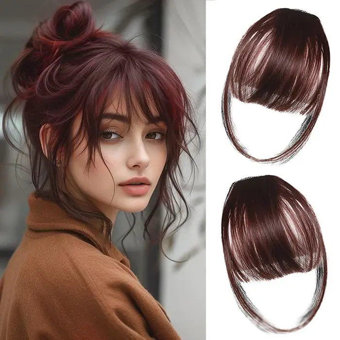 Frange synthétique postiche naturelle, extension de cheveux, postiche frontal, noir et marron, à cli