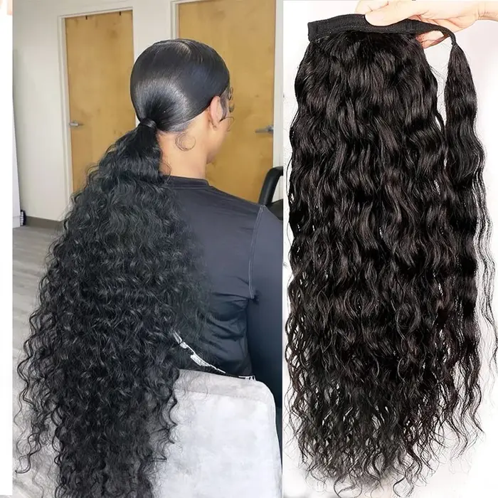 Extensions de queue de cheval de vague d'eau envelopper de cheveux humains autour de la pâte magique de poney