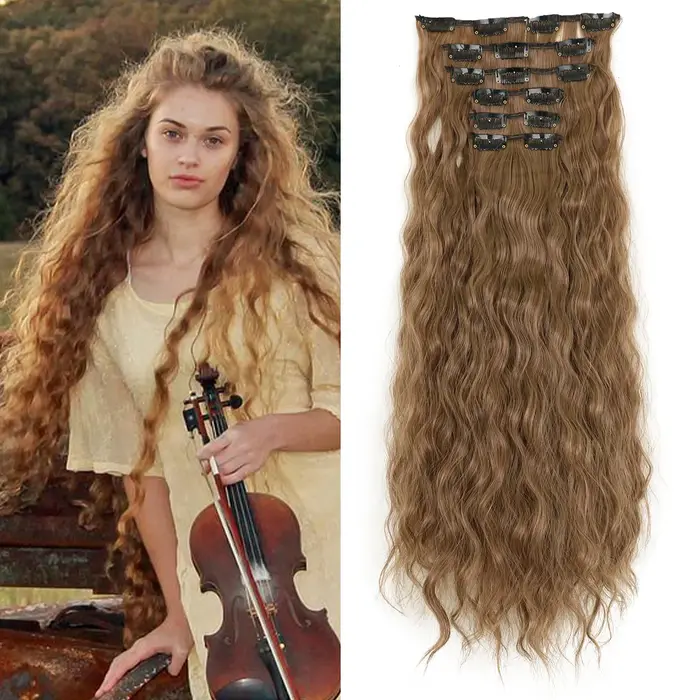 Extensions de cheveux synthétiques bouclés pour femmes et filles, postiche longue à clipser, style maïs ondulé, 16clips en 6 pièces, 22 po, 03/Party