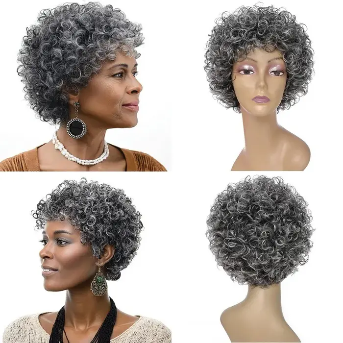 Perruque complète en cheveux humains bouclés courts gris-gris de haute qualité