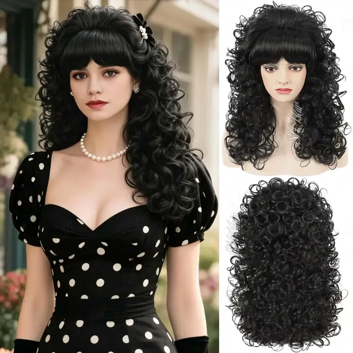 Perruque synthétique bouclée des années 80 avec frange pour femme, perruque vintage grande coiffure 