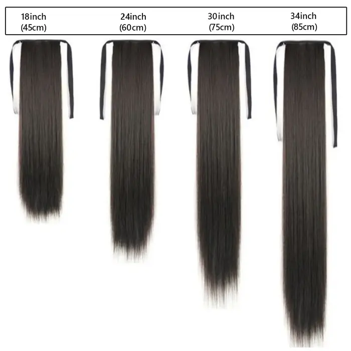 Perruque synthétique pour femme (18-34 pouces) Cheveux longs et raides avec accessoire de coiffure style queue de cheval à enrouler et à clipser