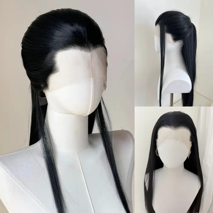 Ashely Widow's Peak Wig – Perruque synthétique noire à dentelle frontale 26 pouces 13*4, cheveux rai