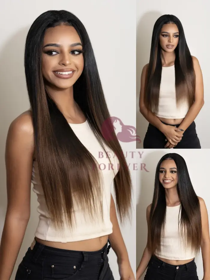 Beauté pour toujours EasiContour ™   Ombre brun V partie perruque cheveux humains mettre et aller Ya
