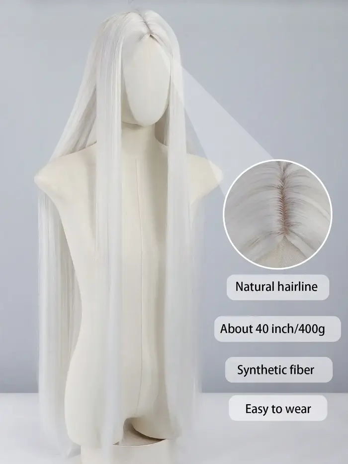 Perruque blanche naturelle à raie centrale pour femme