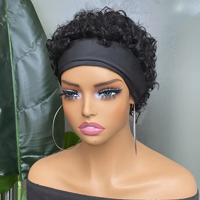 Perruque Courte Bouclée Pixie Cut en Cheveux Humains Remy, Faite à la Machine, avec Bandeau – Prix d