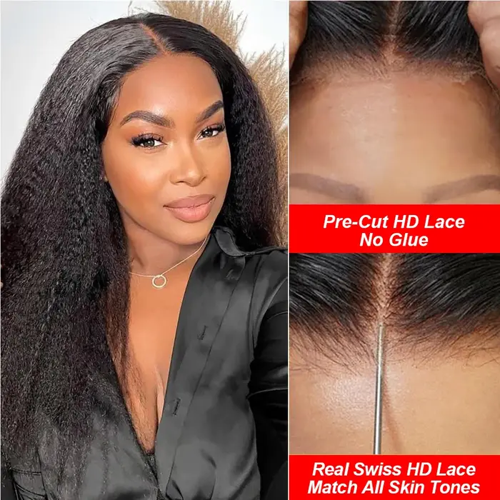 Yaki Kinky Straight Perruques de cheveux humains pour femmes, Perruque sans colle, 100% cheveux huma