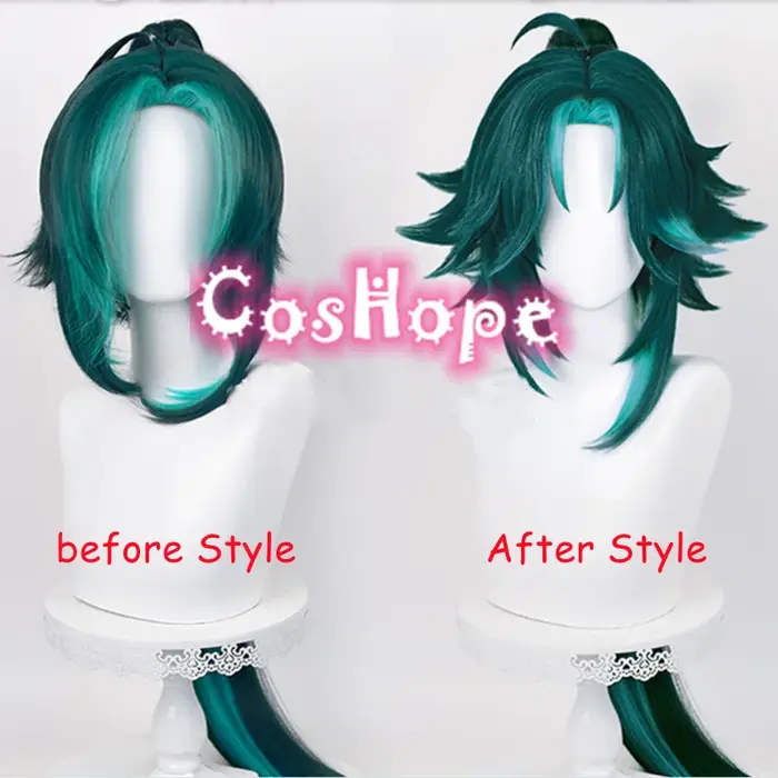 Xiao Cosplay perruque cheveux longs 100 cm queue de cheval vert mixte