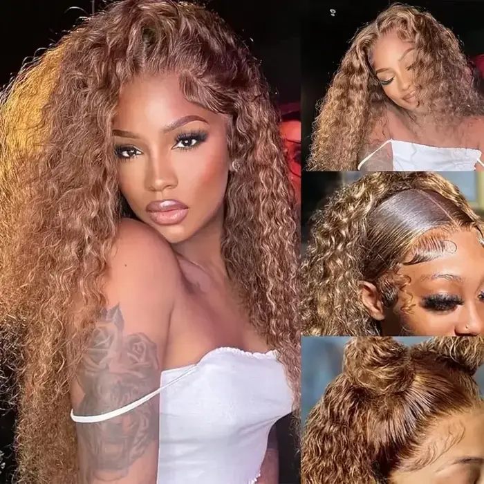 Perruque bouclée 4/27 en cheveux humains, pré-épilée, perruque frontale 360 Full Lace HD en cheveux