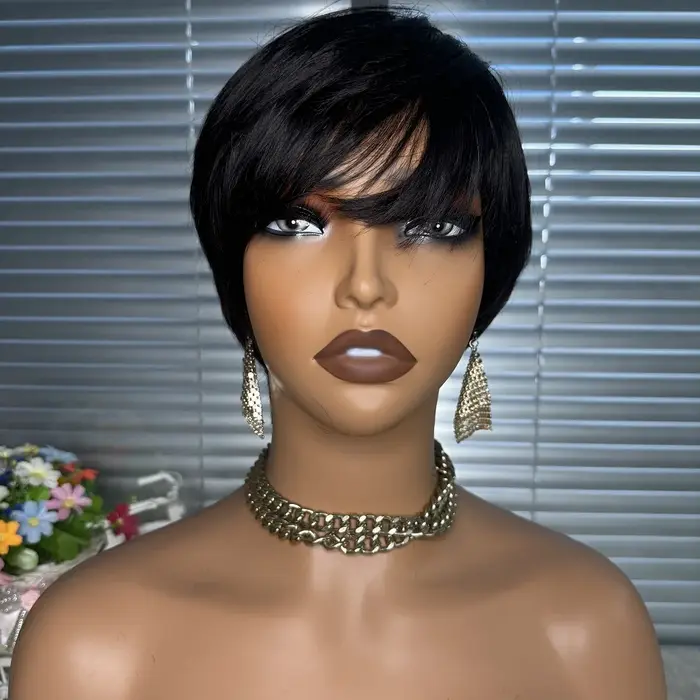 Perruque Bob courte et lisse, coupe Pixie, avec frange, 100% cheveux humains, entièrement faite à la