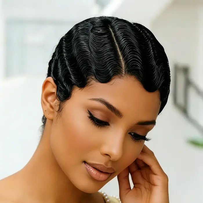 Perruque Lace Front 13x4 en Cheveux Humains Brésiliens, Coupe Pixie Courte Ondulée, Densité 180% pou