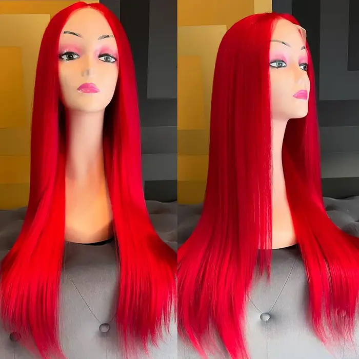 Perruque Lace Front Wig synthétique rouge longue et lisse
