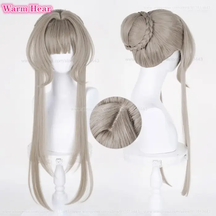 Nouveau! Jeu Sandrone longue 75 cm marron chaud avec chignon Cosplay Anime perruque Marionnette résistant à la chaleur cheveux synthétiques Halloween fête perruques