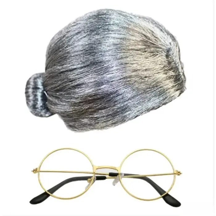 Ensemble de costumes de vieille dame des années 80, perruque de grand-mère avec lunettes et collier 