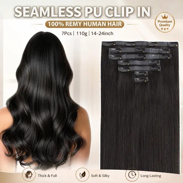 Extensions de cheveux humains à clips invisibles en PU