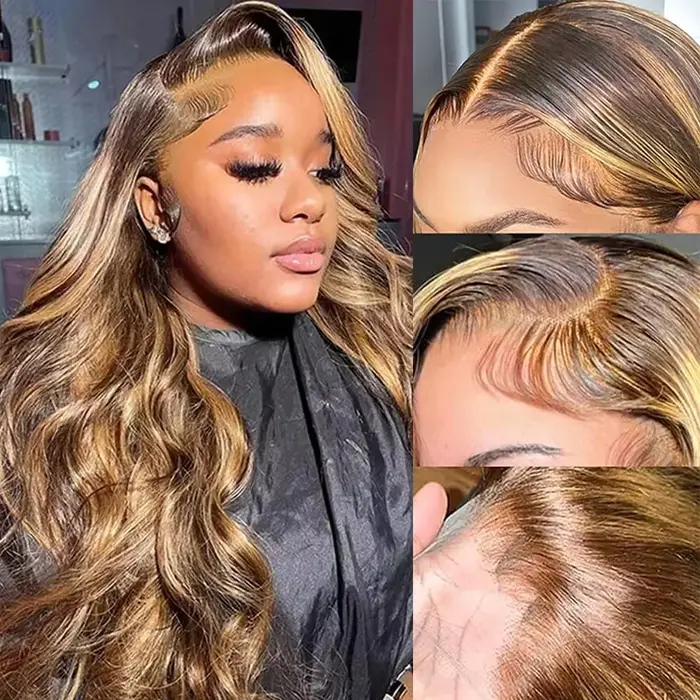 Perruque Lace Frontale en Cheveux Humains Ondulés avec Mèches, Densité 220, Couleur P427, 46 Pouces,