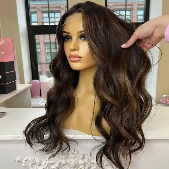 Perruque Lace Front synthétique longue, ondulée, avec mèches brunes, sans colle, de haute qualité, p