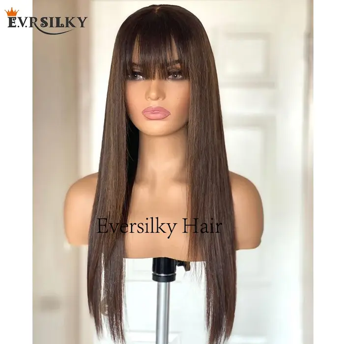 Perruque Lace Front Wig Remy lisse et soyeuse, cheveux naturels, avec frange, pre-plucked, reflets b