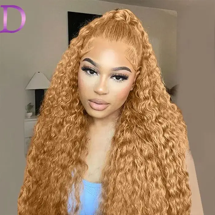Dialola Perruque Cheveux Humains Bouclés Deep Wave Blonde Miel Couleur 27 Dentelle Frontale 13x4 13x