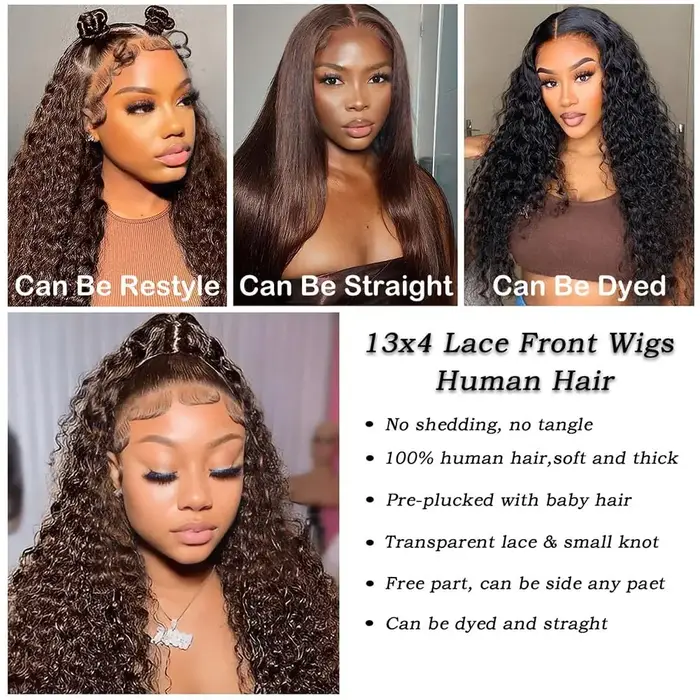 Perruque Lace Front Wig naturelle bouclée, cheveux humains, brun chocolat, densité 200%, Deep Wave,