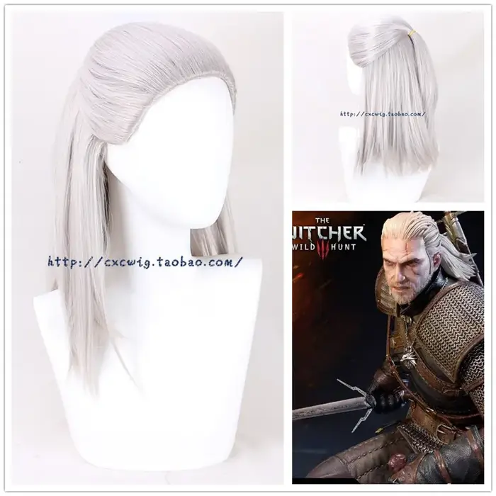Geralt of Rivia – perruque de Cosplay synthétique lisse et blanche pour homme, postiche avec bonnet 