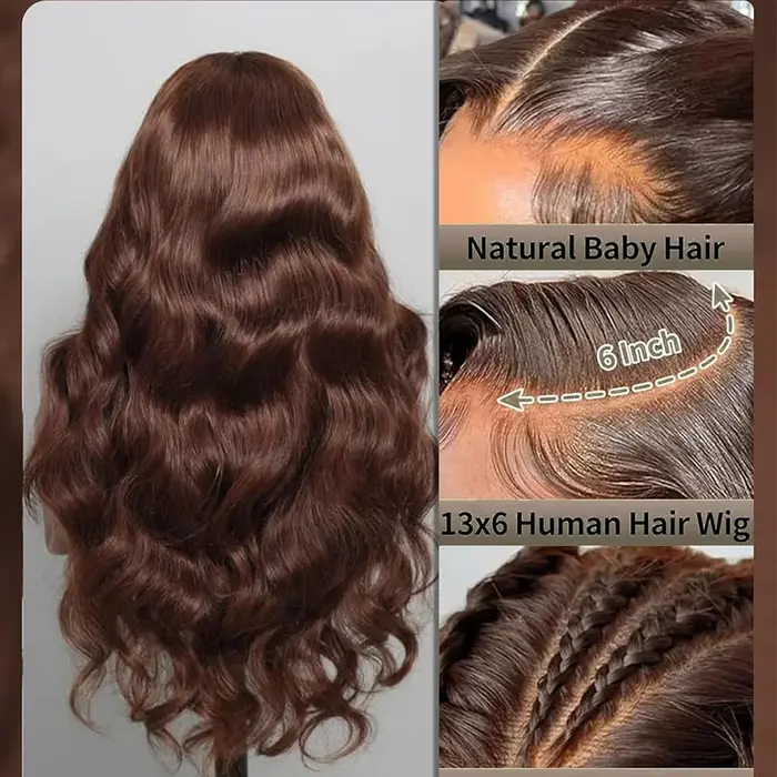 Perruque Lace Front Wig Body Wave marron chocolat, perruque Lace Frontal Wig transparente 13x4 13x6