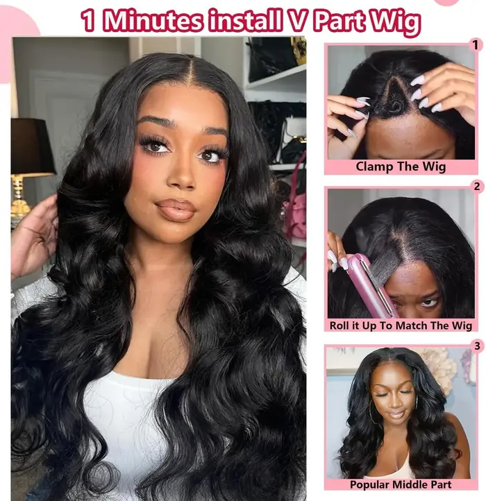 Perruque V Part Body Wave en cheveux humains bruts, 18-32 pouces, densité 220%, style brésilien ondu
