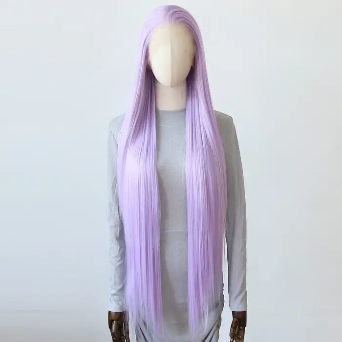 Perruque Lace Front Wig synthétique violet lavande clair, perruque longue et lisse de 40 pouces, nai