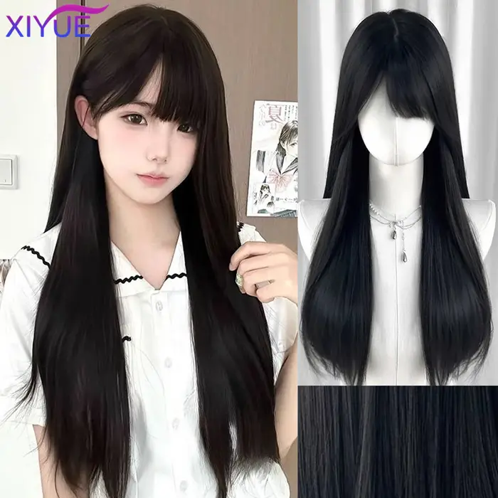 XIYUE – perruques synthétiques longues et lisses avec frange, perruques noires de fête Cosplay Lolit