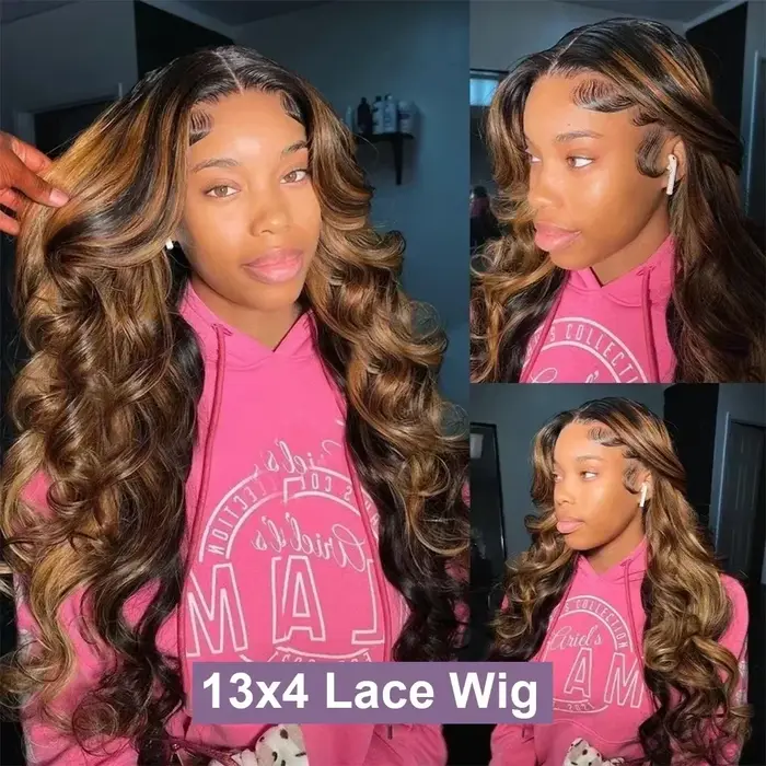 Perruques Body Wave P4/27 à 220 % de densité, avec mèches colorées, en dentelle transparente HD 13x4