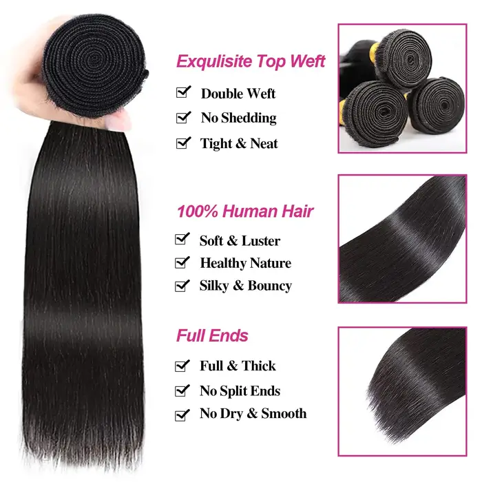 Mèches Brésiliennes Naturelles Lisses avec Closure, Cheveux de Bébé, 100% Non Traités, 4x4, 3 Lots
