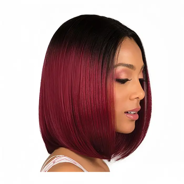 Mode européenne et américaine teint bobo perruque femme cheveux courts raides noir dégradé vin rouge fibre synthétique