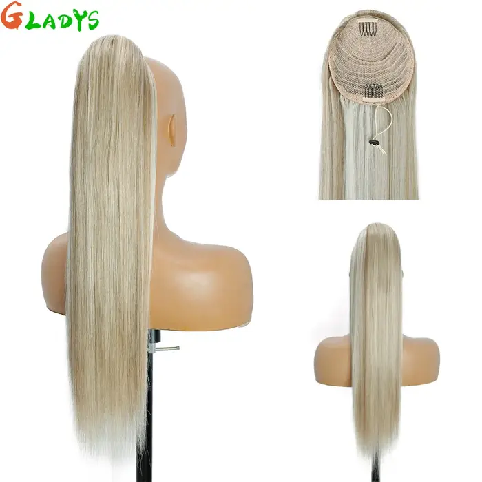 Extension de queue de cheval synthétique blonde droite de 28 pouces avec cordon de serrage