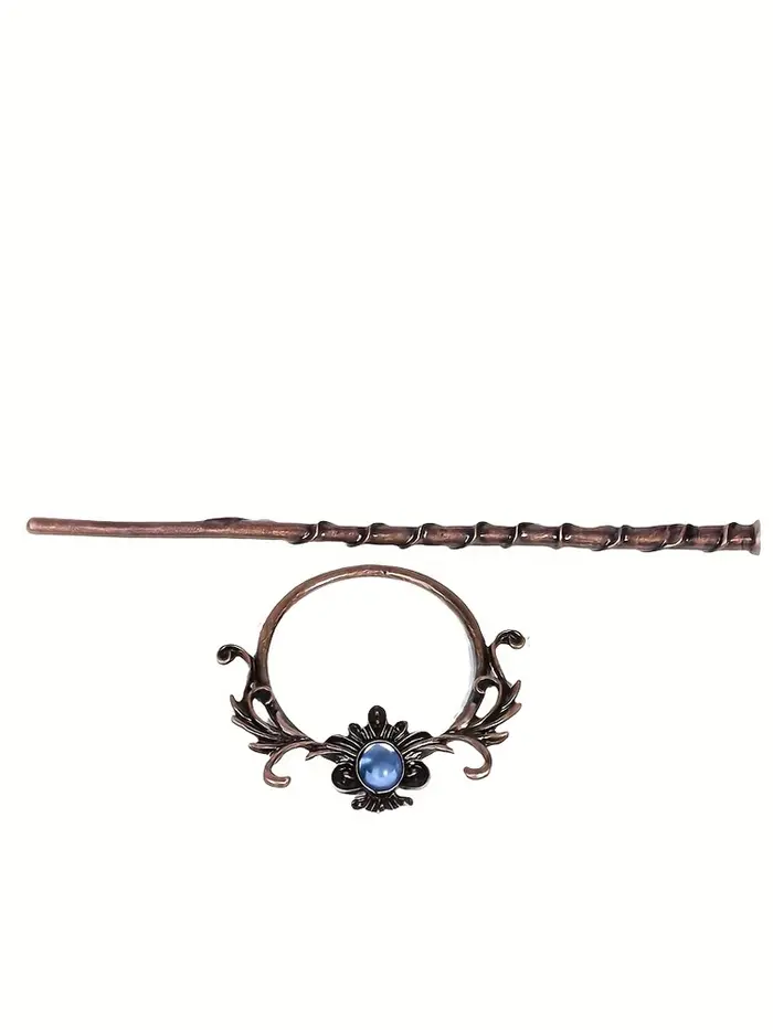 1 pièce de bâton de cheveux de style vintage : cuivre – Tonifié avec une gemme bleue et un motif floral orné