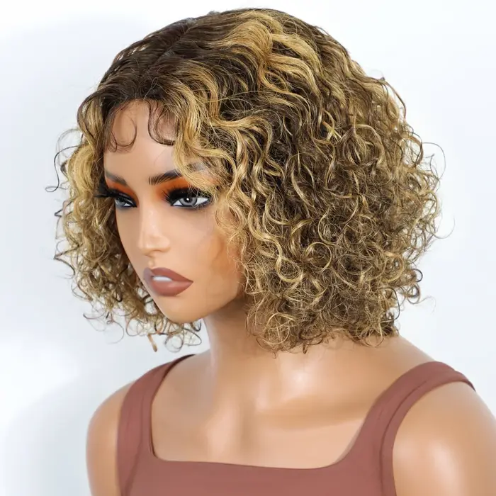 Lekker sans colle Blonde mettre en évidence court bouclés Bob partie centrale dentelle 100% perruques de cheveux