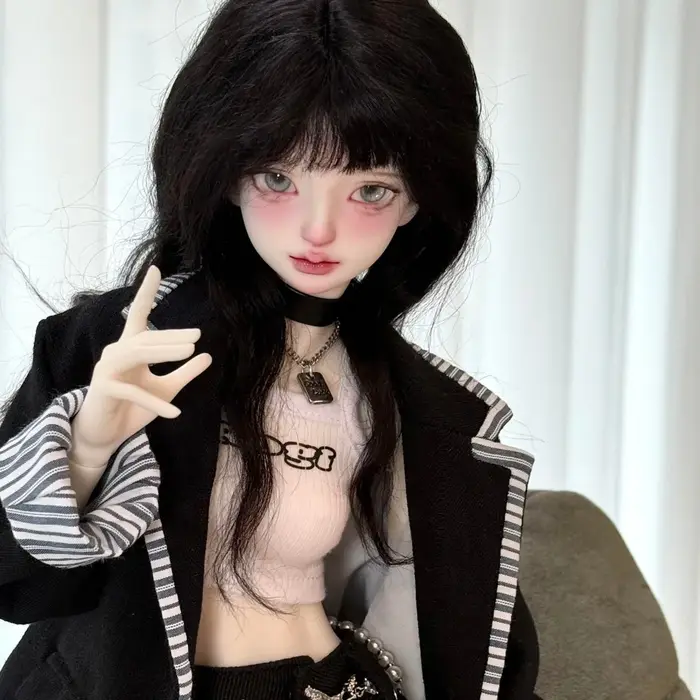 Perruque BJD longue ondulée noire et jaune avec raie au milieu