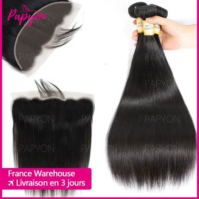 38 40 42Inch Straight Human Hair Bundles with 13x6 Frontal Tissage Humains Lisse Lot Avec 13X4 Closu