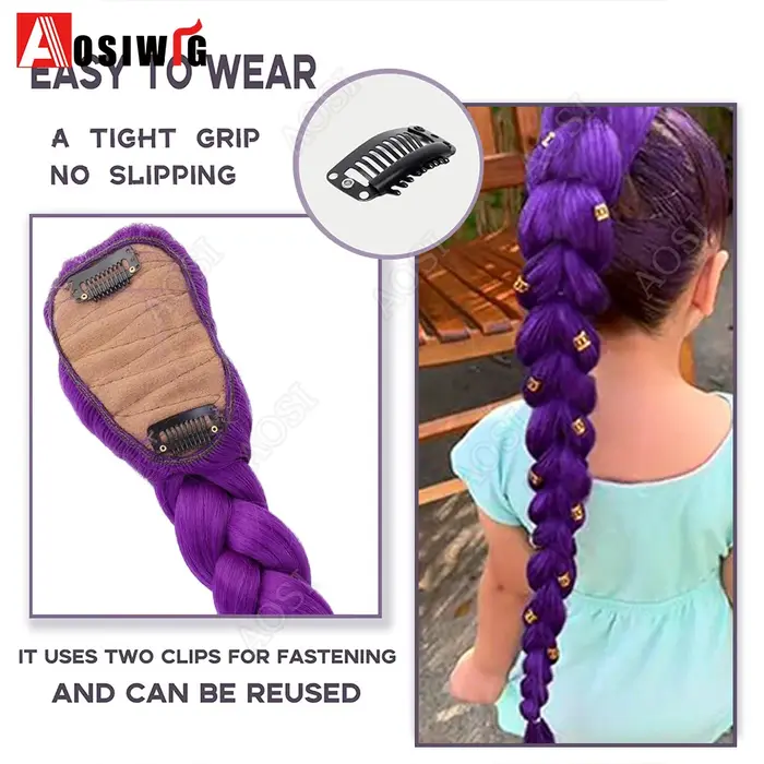 Queue de cheval tressée synthétique violette, coiffure de Costume longue de 26 pouces avec Clips pou