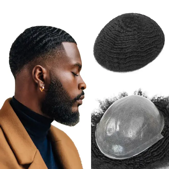 Afro bouclés toupet pour hommes peau mince pleine PU prothèse de cheveux humains 8mm africain mâle
