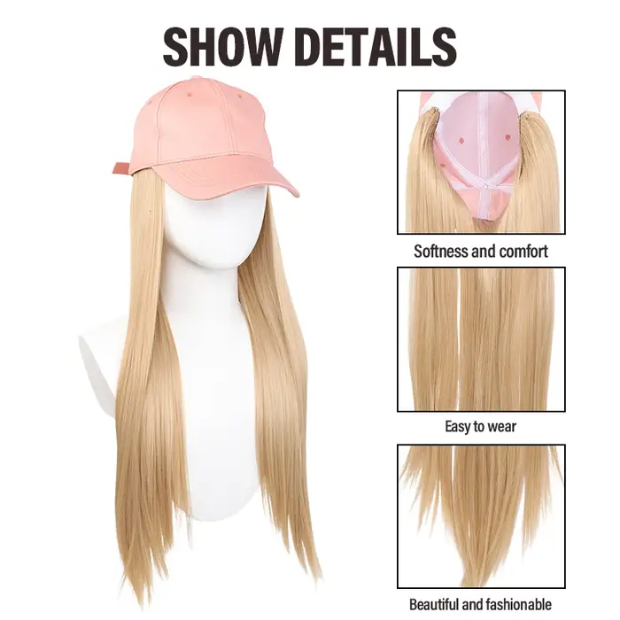 Casquette de baseball rose tendance avec perruque synthétique à cheveux blonds longs – Légère