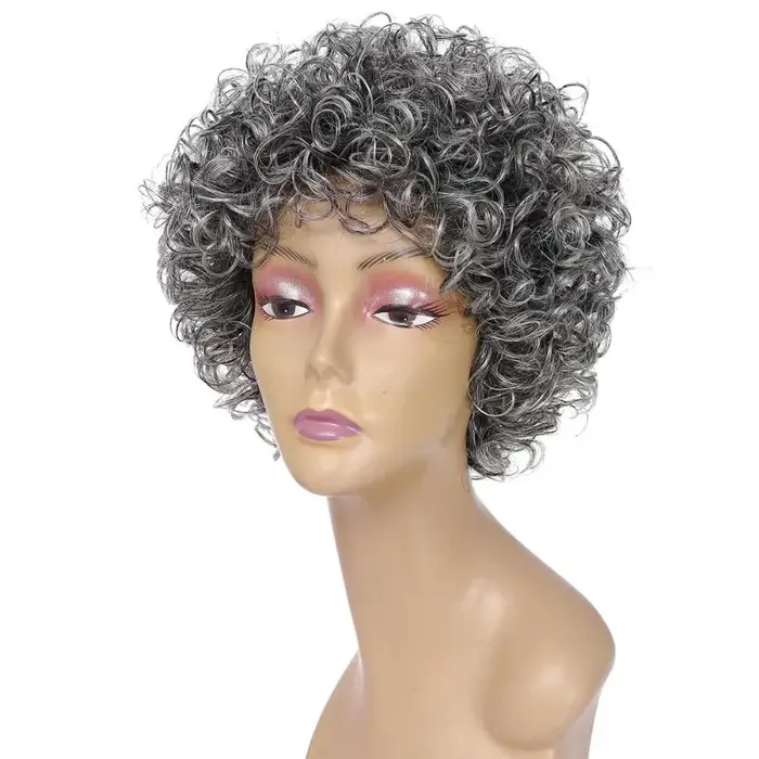Perruque complète en cheveux humains bouclés courts gris-gris de haute qualité