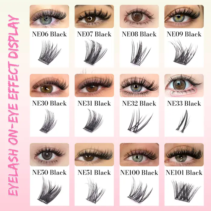 Série NE NE05 Nouvel Emballage 6 Rangées 100% Fait Main Effet 3D Moelleux Sans Colle Requise Extensions de Cils 10-14mm Noir Facile à Retirer Réutilisable