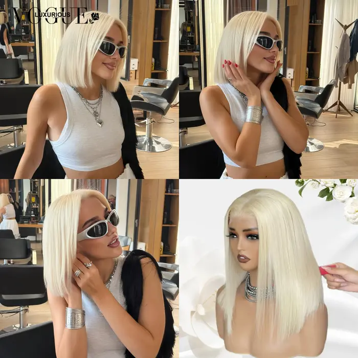 LUX VOGUE crème platine coupe émoussée Bob 100% perruque de cheveux humains perle finition brillante 13x4 mise à niveau